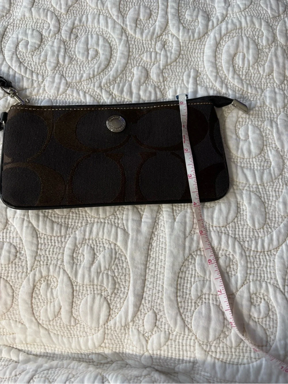 Coach Dark Brown Signature Canvas Wristlet Clutch